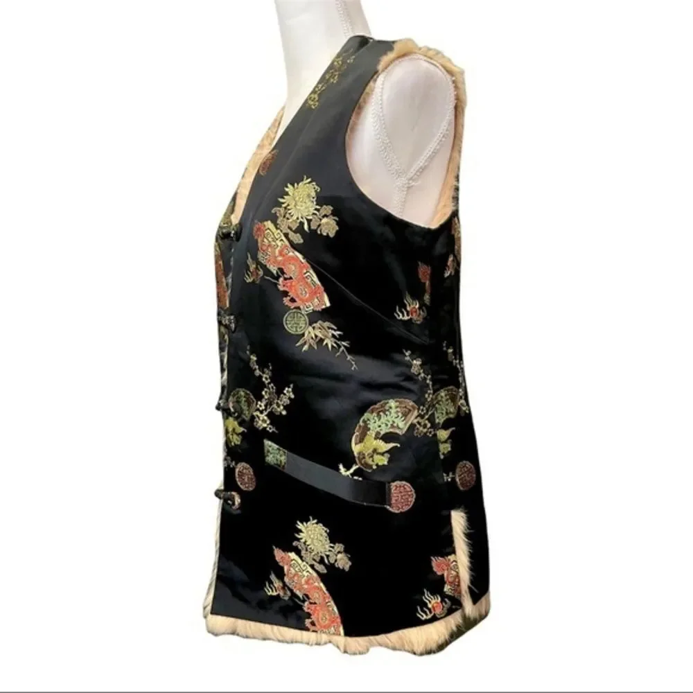 Chinese Silk & Genuine Fur‎ Reversible Vest Sweater/ Jacket - Traditional Print